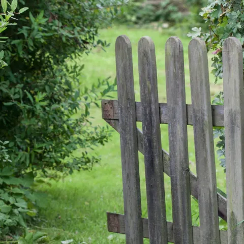 Garden gate opening onto a grassy path