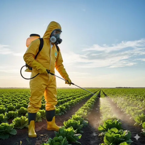 A man in a hazmat suit spraying chemicals in a agriculture field.