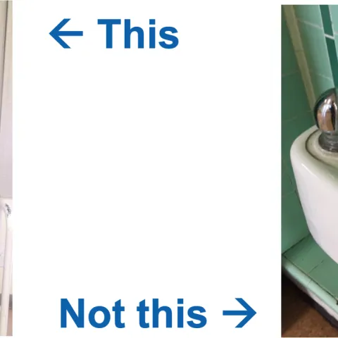 An arrow saying 'This' points to a water bottle filling station at a school. A second arrow saying "not this" points to a school drinking fountain filled with wasted food.