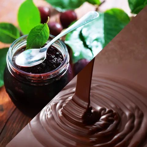diagonally split stock images: top left is a close up of a jar of jam and botom right is a close up of molten chocolate being poured 