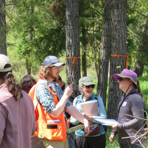 Man in cap and orange vest points to a cluster of trees as two Tree School participants laugh and smile while holding class papers and materials