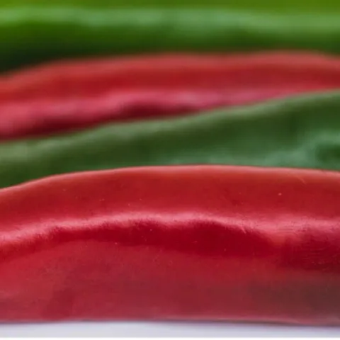 red and green peppers laying in a row