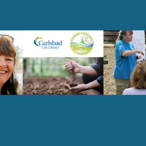 Compilation photo of a smiling woman, hand holding soil, and woman speaking next to a pile of soil and an audience