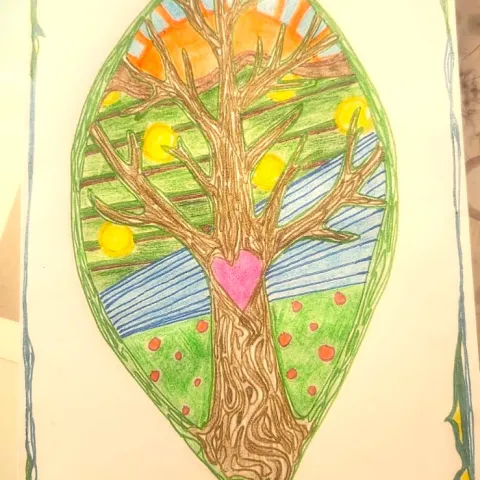 Author's drawing of a beautiful tree, with fields, water, and the sun in the background.