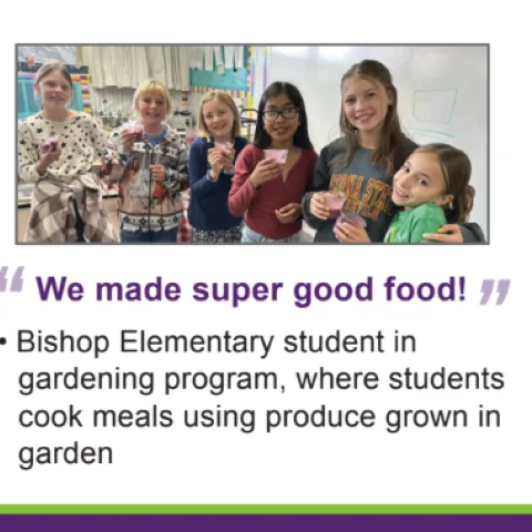 Screenshot of portion of Inyo County data story titled CFHL Efforts are Making a Difference in Inyo County. Includes bulleted highlights of the program and a photo of 6 smiling elementary school students.