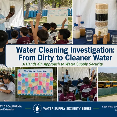 Collage of an outdoor water education activity at the OC Children’s Water Festival. A presenter demonstrates a water filtration system to students seated under a tent, while children raise their hands, complete worksheets, and create a “My Water Promise” board. Close-up images show a layered filtration column and jars of water at different treatment stages. School buses and the outdoor setting are visible. Center text reads “Water Cleaning Investigation: From Dirty to Cleaner Water” with a subtitle about ha