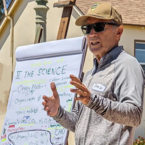 person presenting in front of an easel 