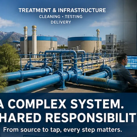 A composite image showing a mountain watershed and dam, water treatment infrastructure with large pipes, and a control room with monitoring screens, illustrating the journey of water from source through treatment to system operations.