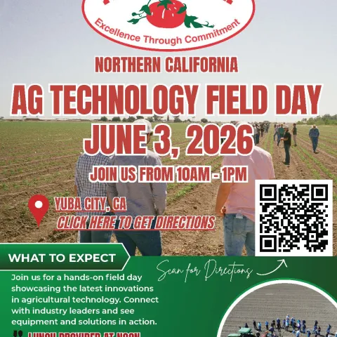 The Northern California Ag Technology Field Day will take place on June 3, 2026, from 10:00 a.m. to 1:00 p.m. in Yuba City, California. The event will provide attendees with hands-on opportunities to explore the latest innovations in agricultural technology, connect with industry leaders, and see equipment and solutions in action. Lunch will be provided at noon. The field day is designed to showcase new ideas and advancements that support the future of agriculture.