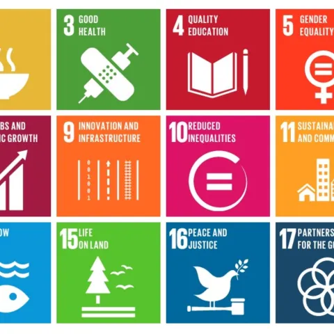 Colorful illustration of the United Nations 17 Sustainable Development Goals that are discussed in the following paragraph.