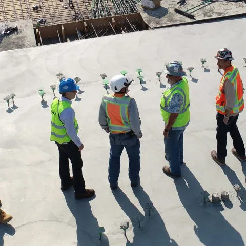 A group of construction workers looking out onto a site