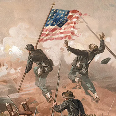 Civil War scene, colorbearer shot. This work, "The Siege of Vicksburg--Assault on Fort Hill," is by Swedish-born American illustrator Thure de Thulstrup (1848-1930), whom his contemporary critics considered "the foremost military artist in America." (Image courtesy of Wikipedia)