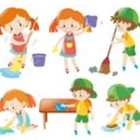 4-H Clean Up day images of six cartoon children doing cleaning jobs