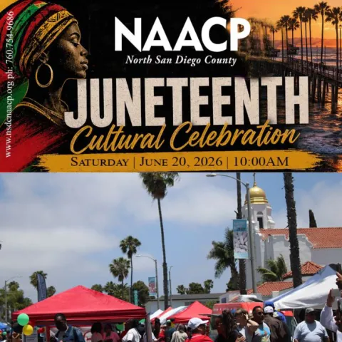 NAACP North San Diego County Juneteenth Cultural Celebration on Saturday, June 20, 2026 at 10:00 AM. Compilation of a silhouette of a person with a headwrap and hoop earrings, alongside a pier and palm trees at sunset, a blue sky with tents and people walking in a street fair with a gold-domed building in the background.