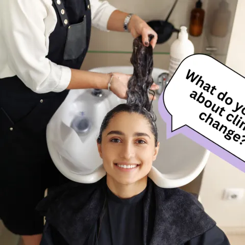 a woman is getting her hair washed and has a text bubble that say "what do you think about cliate change?"
