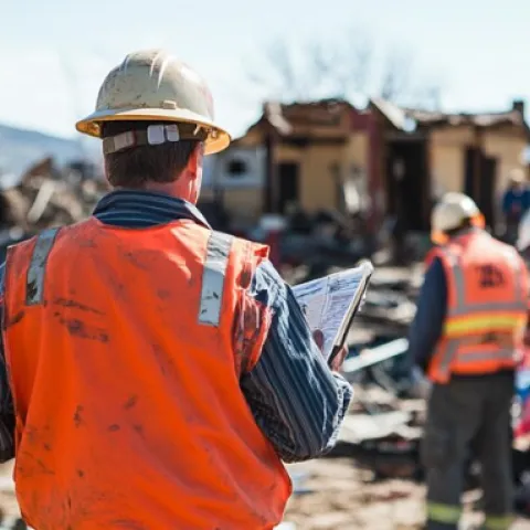 disaster workers assessing a site after a fire