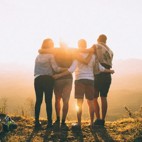 Group of people with arms around each other, watching the sunset