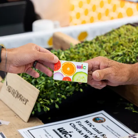 A WIC card being handed between 2 individuals at a farmers market.
