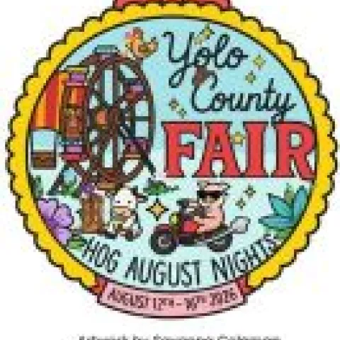 Yolo County Fair yellow circle logo with red bow on top, ferris wheel, hog on red motocycle, cow and boots 2026 Hog August Nights