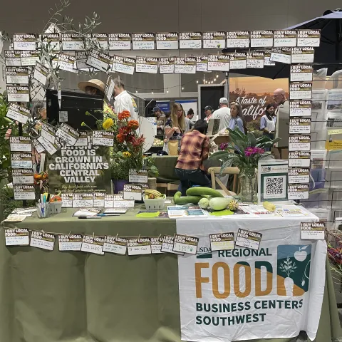 Booth with post it notes surrounding a frame with comments from general public.
