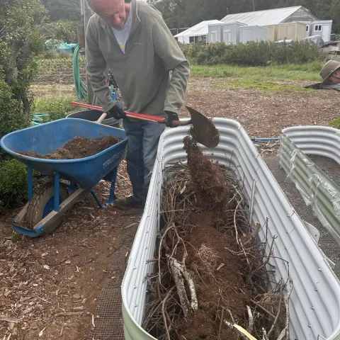 filling raised bed with sticks on the bottom and soil on top