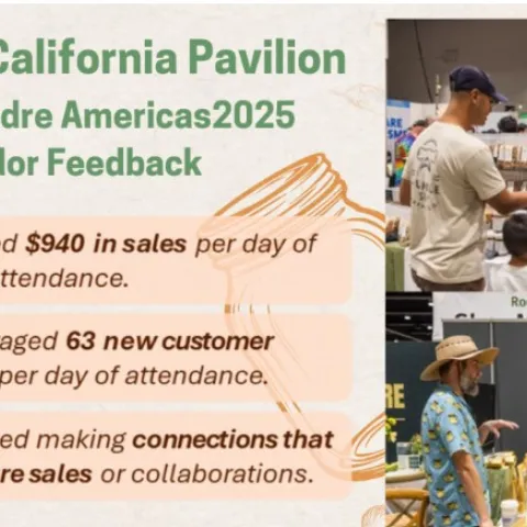 Photo with title of Terra Madre Vendor Feedback survey. Two pictures showcasing people talking at a booth in front of a food business.
