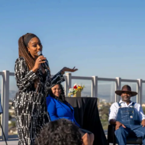 Photo showing Diaspora Groceries at a speaking event outdoors.