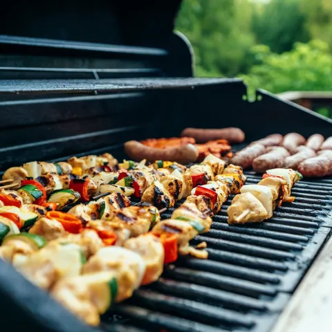 Variety of food cooking on a BBQ.