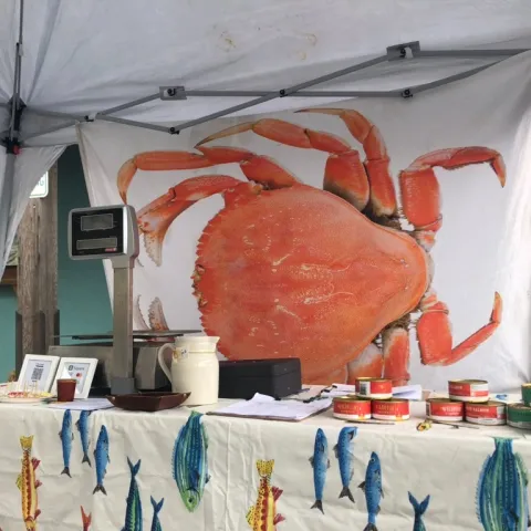 Image of farmers market stand with fish table cloth and banner