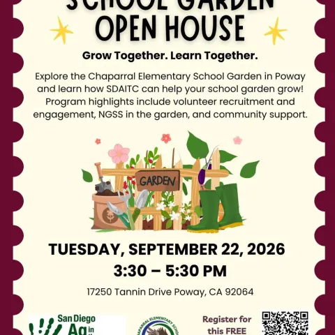 Promotional poster for “School Garden Open House” with a garden-themed illustration, date Tuesday, September 22, 2026, time 3:30–5:30 PM, address in Poway, and a QR code for free registration.