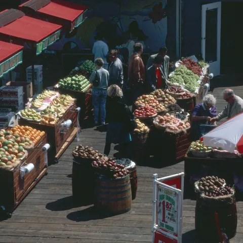 Miscellaneous photo of farmers market. Bins of produce at Pier 39 Market in sunshine. By Jack Kelly Clark, UC IPM