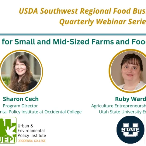 Webinar flyer showing two presenter faces and the title, "Grant Writing for Small and Mid-Sized Farms and Food Businesses"