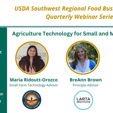 Webinar flyer with three faces of the pesenters and the title, "Agriculture Technology for Small and Mid-Sized Farms (April 16th, 2025)"