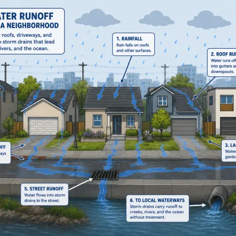 Image of California neighborhood showing rain falling and where the rainwater goes