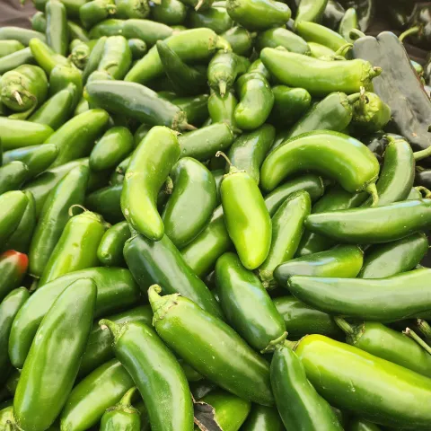 Green jalapeño peppers piled across a table at a farmers market. 
