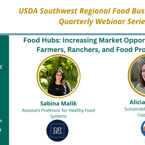 Webinar flyer showing two faces and the title, "Food Hubs: Increasing Market Opportunities for Farmers, Ranchers, and Food Producers (July 16, 2025)"