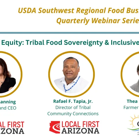 Webinar flyer with three presenter faces and the title, "Leading with Equity: Tribal Food Sovereignty & Inclusive Engagement (July 17, 2024)"