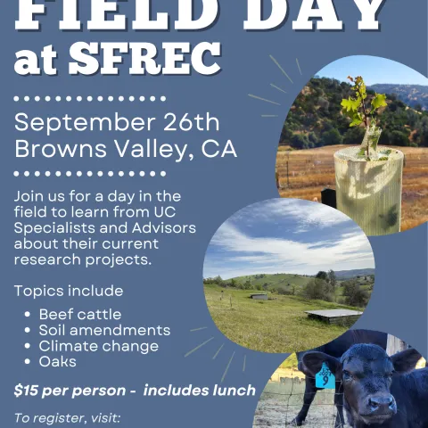Field Day at SFREC, September 26 in Browns Valley, CA. Join UC specialists and advisors for a day in the field learning about current research on beef cattle, soil amendments, climate change, and oaks. $15 per person, including lunch. Three photos show a young tree in a field, a grassy research site, and a black cow. Registration: link.ucanr.edu/sfrec2026.