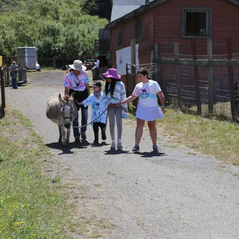 An adult and three kids walk Sassy down a path at Elkus Ranch