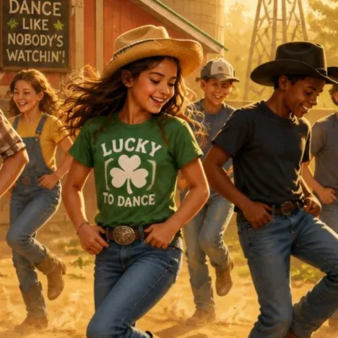 kids line dancing on dirt with farm animals watching