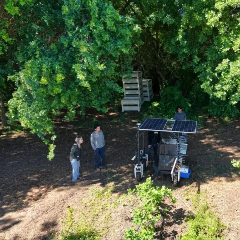 Four people look at an agricultural robot working at the edge of an orchard