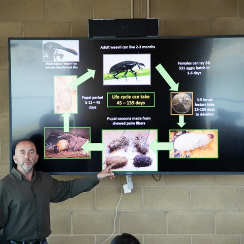 Mark Hoddle standing in front of the TV at 2023 Summit House Workshop