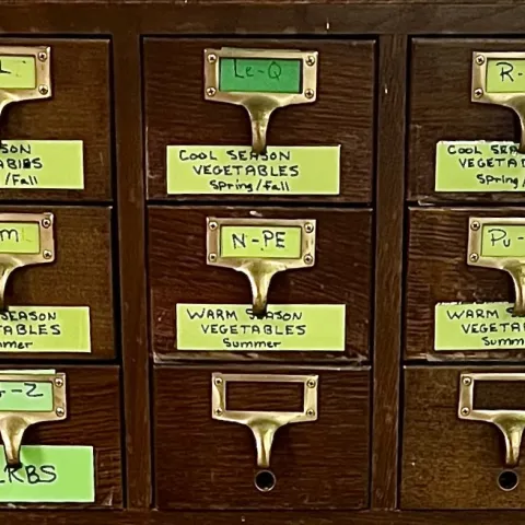 Wooden drawers filled with seeds and labeled alphabetically, organizing cool-season vegetables, warm-season vegetables, and herbs.