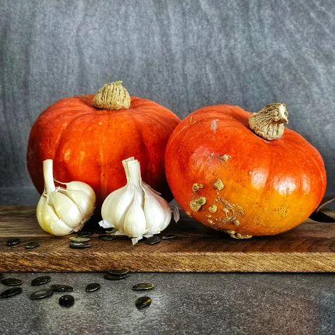 two orange round squash and two garlic cloves