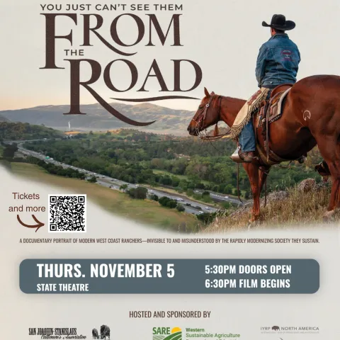 Person on a horse overlooking rangelands and a freeway below. Flyer for a movie that will be shown at the State Theater in Modesto, November 5, 2026. 