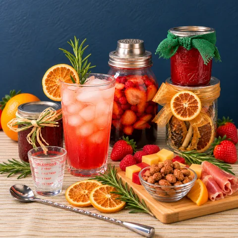 Tabletop display of dried fruits, appetizers, shrubs and a beverage