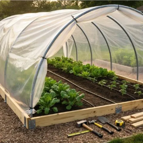 six hoops covered by a sheet of plastic over a raised garden bed