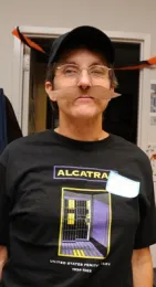 Lynn Kimsey in Alcatraz attire. (Photo by Kathy Keatley Garvey)
