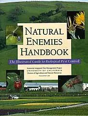 Cover of the "Natural Enemies Handbook," featuring a landscape background and images of insects and flowers