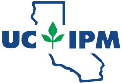 UC IPM logo featuring the state outline of California in blue with a green plant icon and bold blue lettering for "UC IPM."
